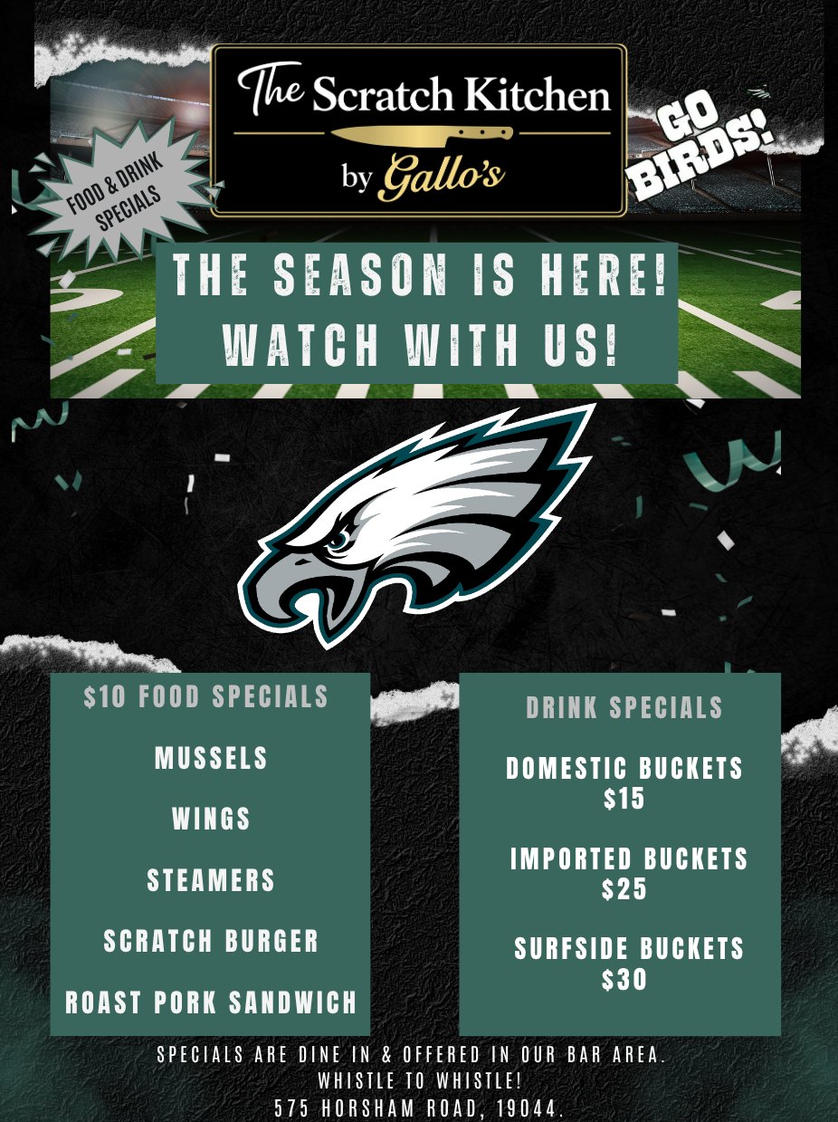 Eagles game-day food & drink specials at The Scratch Kitchen — watch with us! $10 food specials and drink buckets in our bar area.
